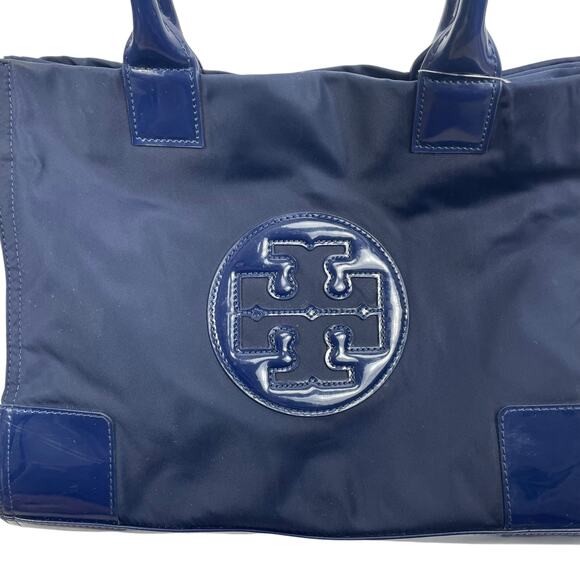 Tory Burch Small Ella Patent Leather Tote Bag Nylon Purse Navy Blue - Picture 7 of 11